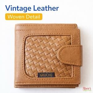 Gaucho Woven Leather Wallet Clutch Kiss Lock Coin Brown Vintage